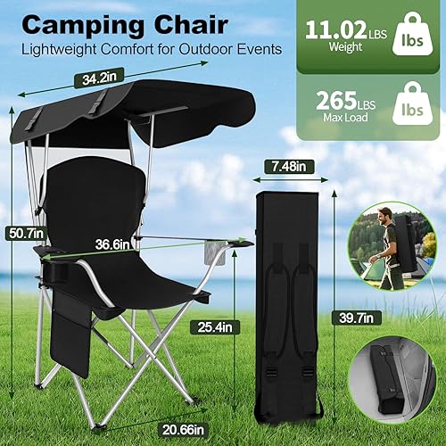 Miniatura 2 de Silla de camping portátil con dosel, silla plegable con toldo, silla Oxford 600D duradera para camping, playa, picnic, pesca y deportes