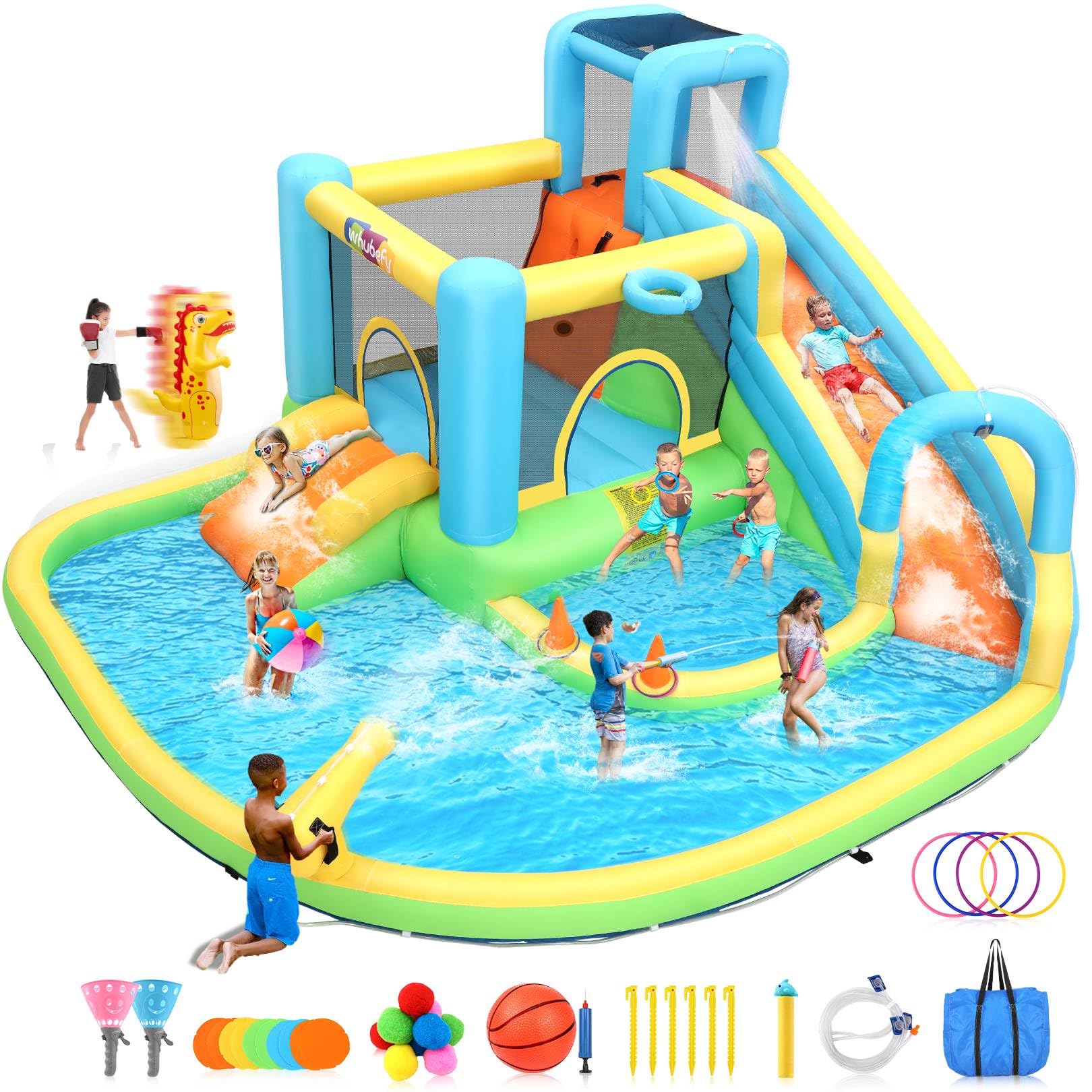 AKEYDIY Inflatable Bounce House Water Slide for Kids 3-12 Backyard, Outdoor/Indoor Bouncy House Water Park with Dual Slides, Climbing Wall, Water Gun, Ring Toss, Boxing Game (with 550W Blower)