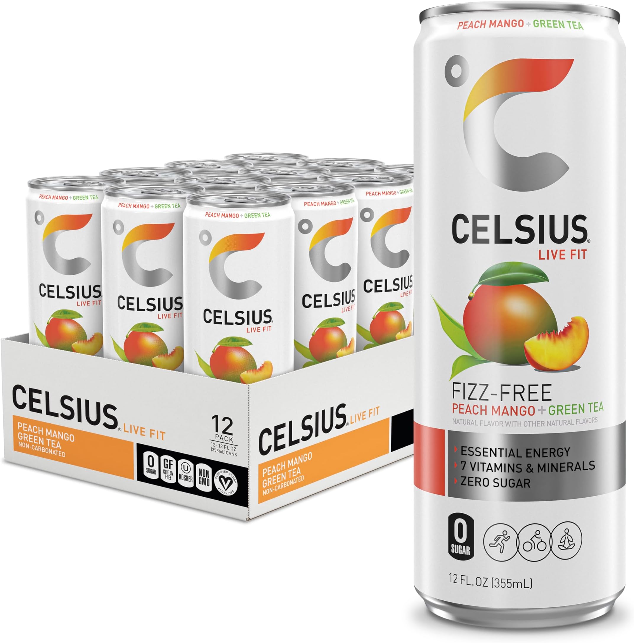 CELSIUS Peach Mango Green Tea, Functional Essential Energy Drink 12 Fl Oz (Pack of 12)