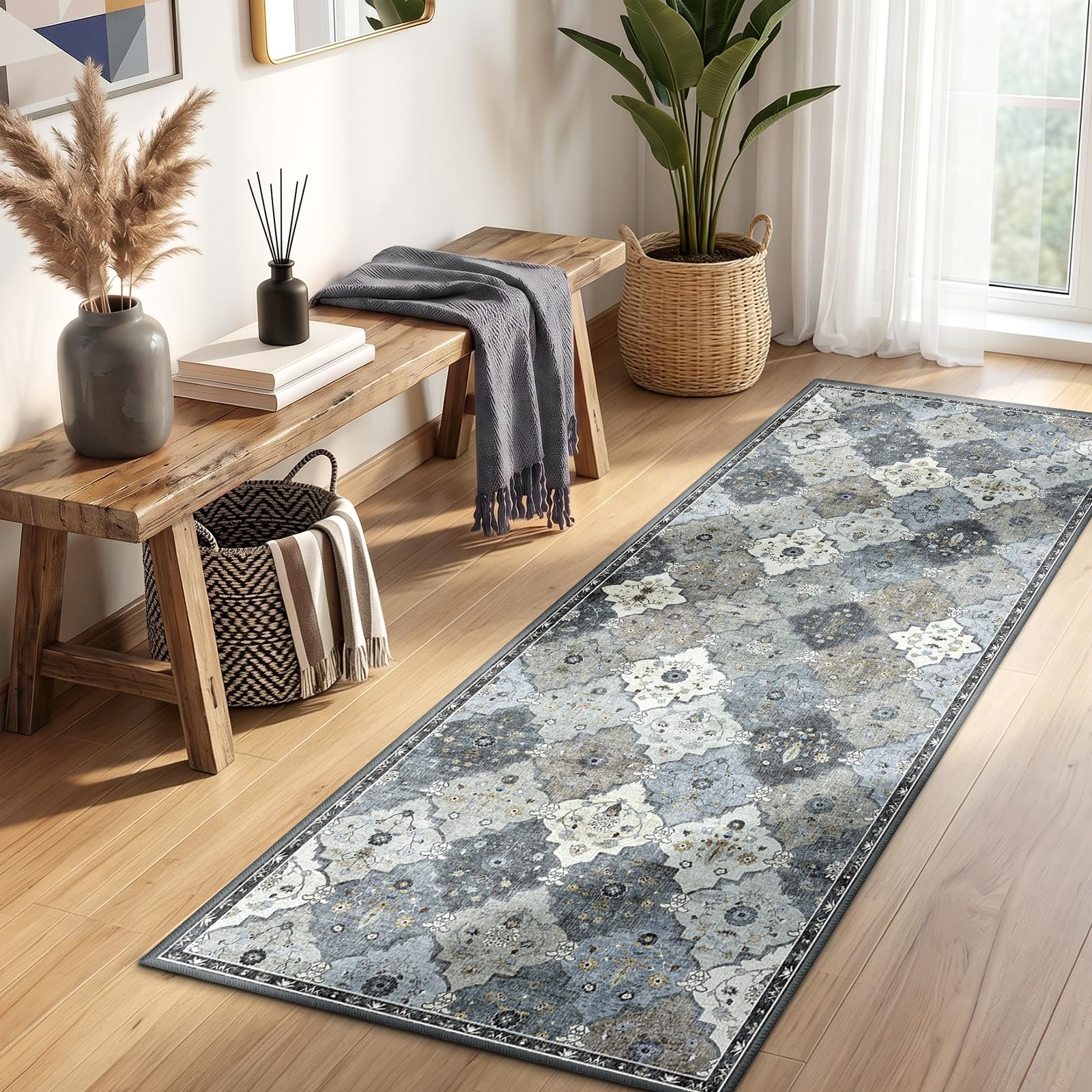 INOVADAY Rugs Living Room 80x150 cm Moroccan Washable Rug Low Pile Boho Rug with Print Pattern Anti Slip Carpet for Bedroom Dining Room Home Office Indoor Grey/Brown — image 1
