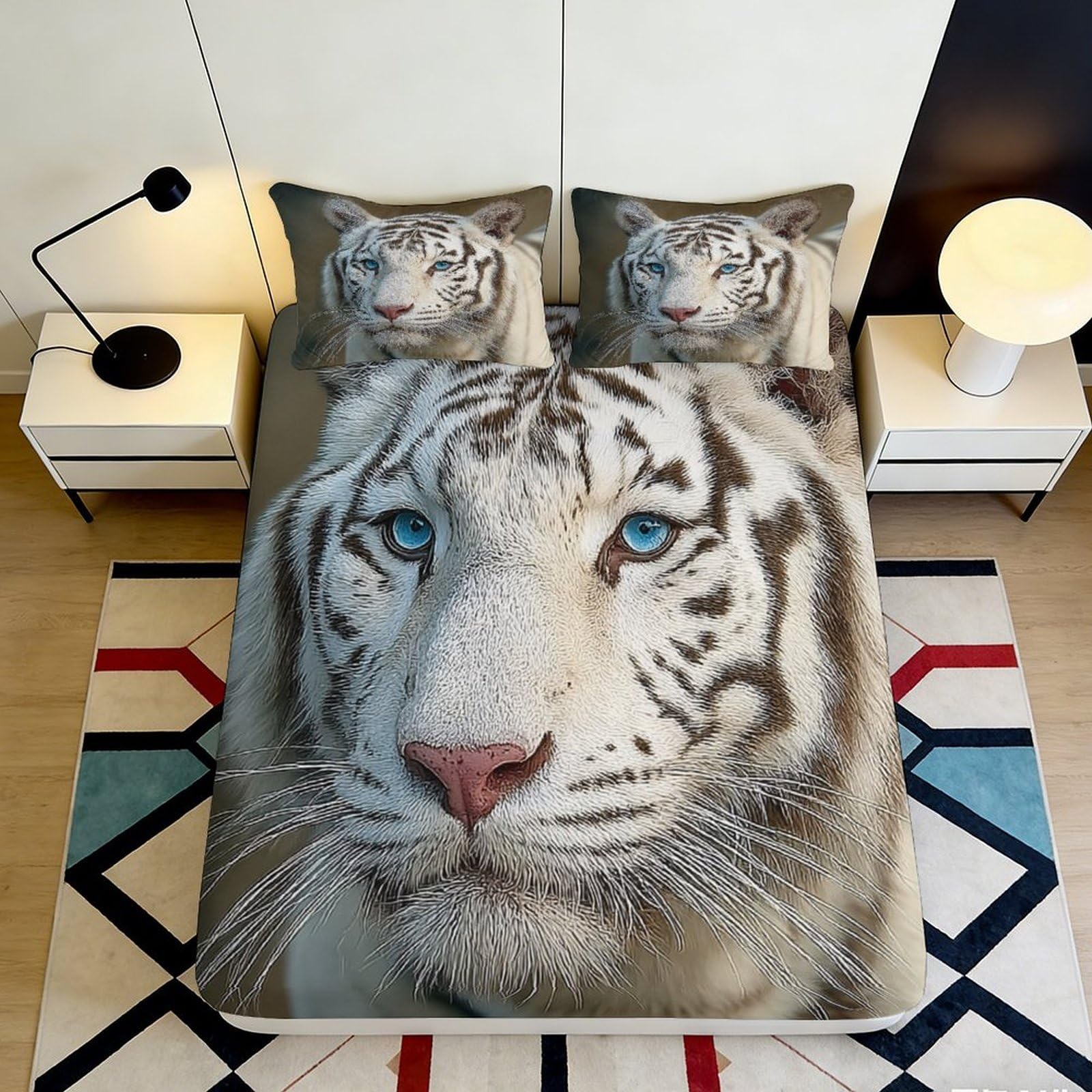 Jqzkxnhpbr Style-1 3D Printed White Tiger Fitted Sheet Microfiber Soft Breathable Animal Pattern Bed Cover For Bedroom Guest Room Decor 90X200x25cm