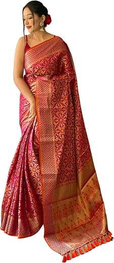 SGF11 Women's Kanjivaram patola Soft Lichi Silk Sarees With Unstitched Blouse Piece
