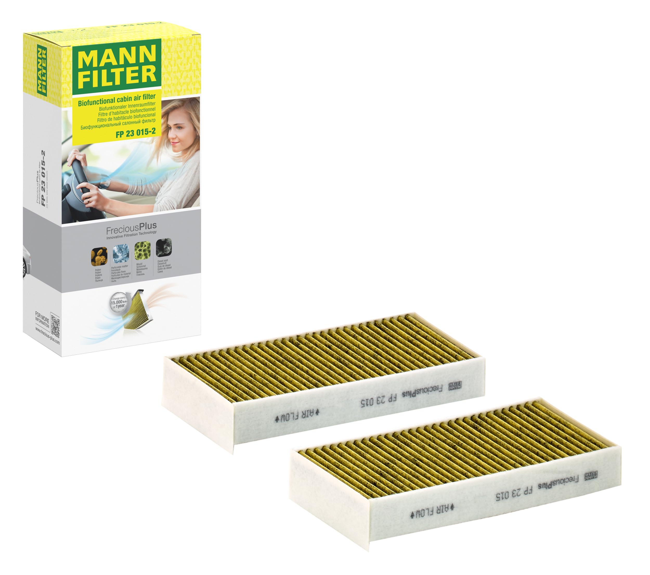 MANN-FILTER, FP 23 015-2 Filtro abitacolo, Premium biofunzionale | Per Autovetture, Filtrazione di polvere e polline, Riduzione di odori e gas, Qualità originale OE
