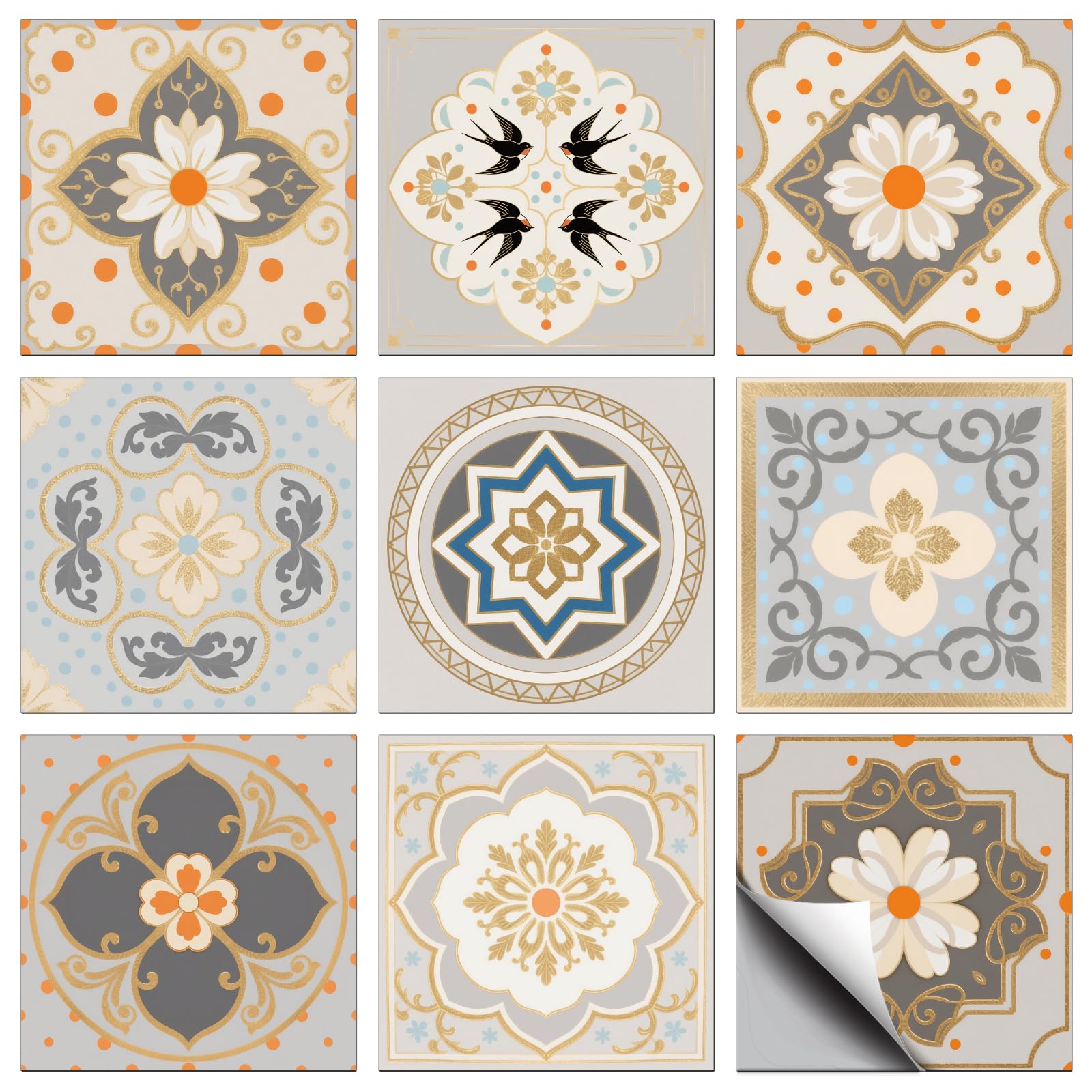 CONCHLERY 36 Pcs 9 Style Tile Stickers Moroccan Style Peel and Stick Vintage Pattern Wall Tile Stickers Waterproof Self Adhesive Gray-Brown Pattern Stick on Tiles Decals for Kitchen Bathroom, 4×4 Inch