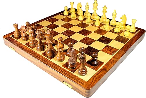 StonKraft Juego de tablero de ajedrez plegable de madera coleccionable de 18" x 18″+piezas hechas a mano de madera con reina extra