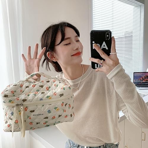 Bolsa de maquillaje floral kawaii, bolsa para cosméticos y cosméticos, bolsa de viaje estética, organizadora de bolsa de aseo acolchada estilo