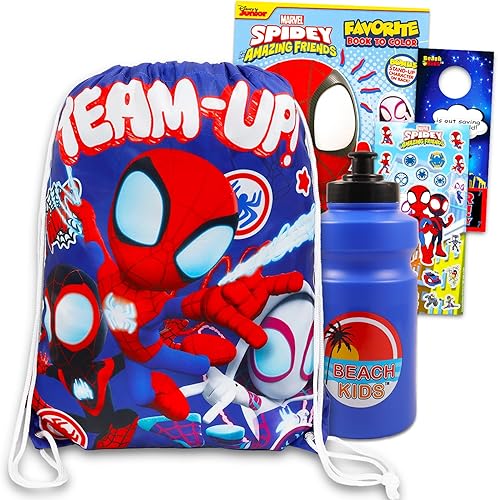Spidey and His Amazing Friends Paquete de bolsa de viaje – Juego de bolsa de Spiderman con libro para colorear, botella de agua, tatuajes, más | Set