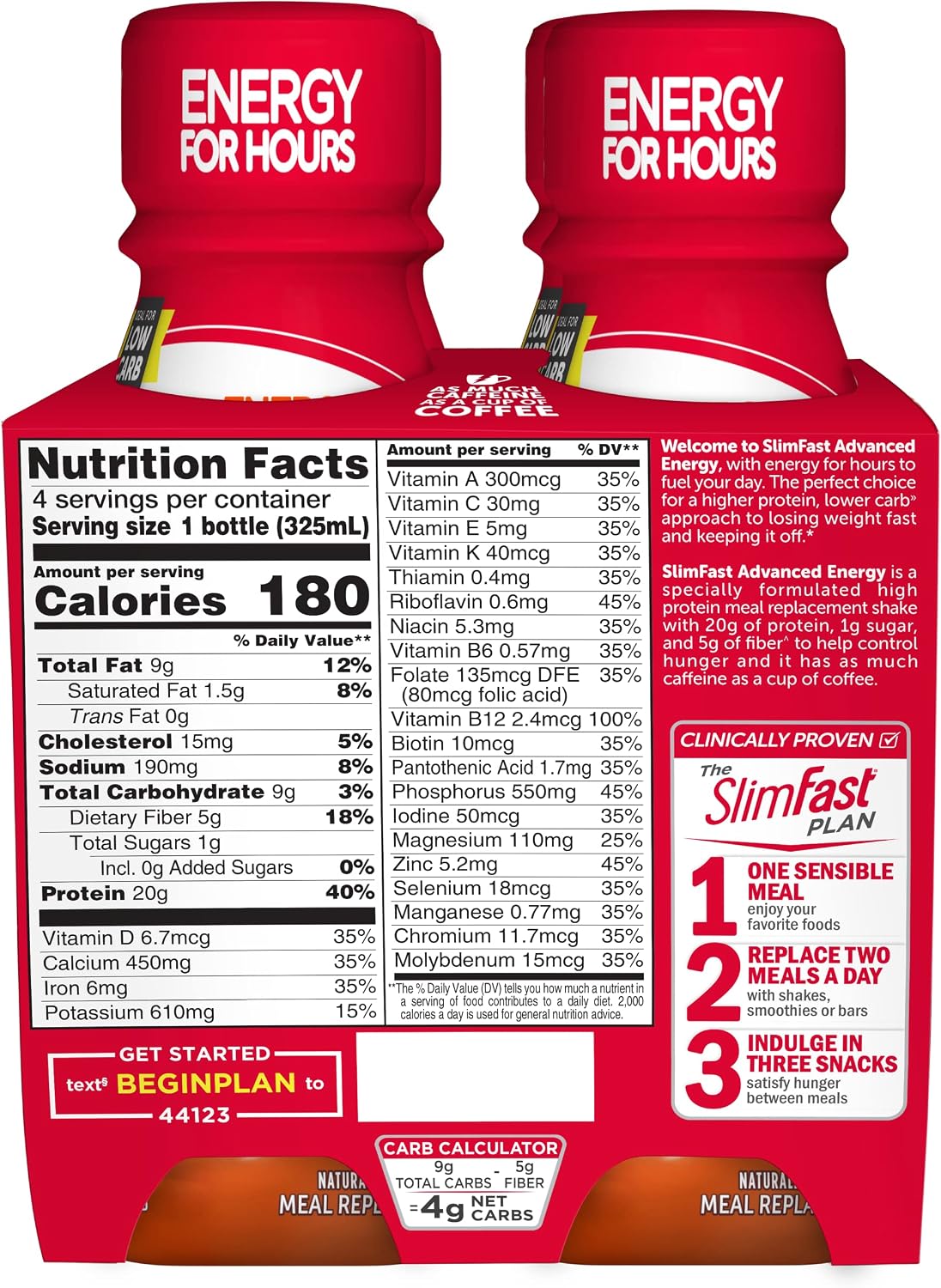 SlimFast Advanced Energy High Protein Meal Replacement Shake, Caramel Latte, 20g of Ready to Drink Protein with Caffeine, 11 Fl. Oz Bottle, 4 Count (Pack of 3)
