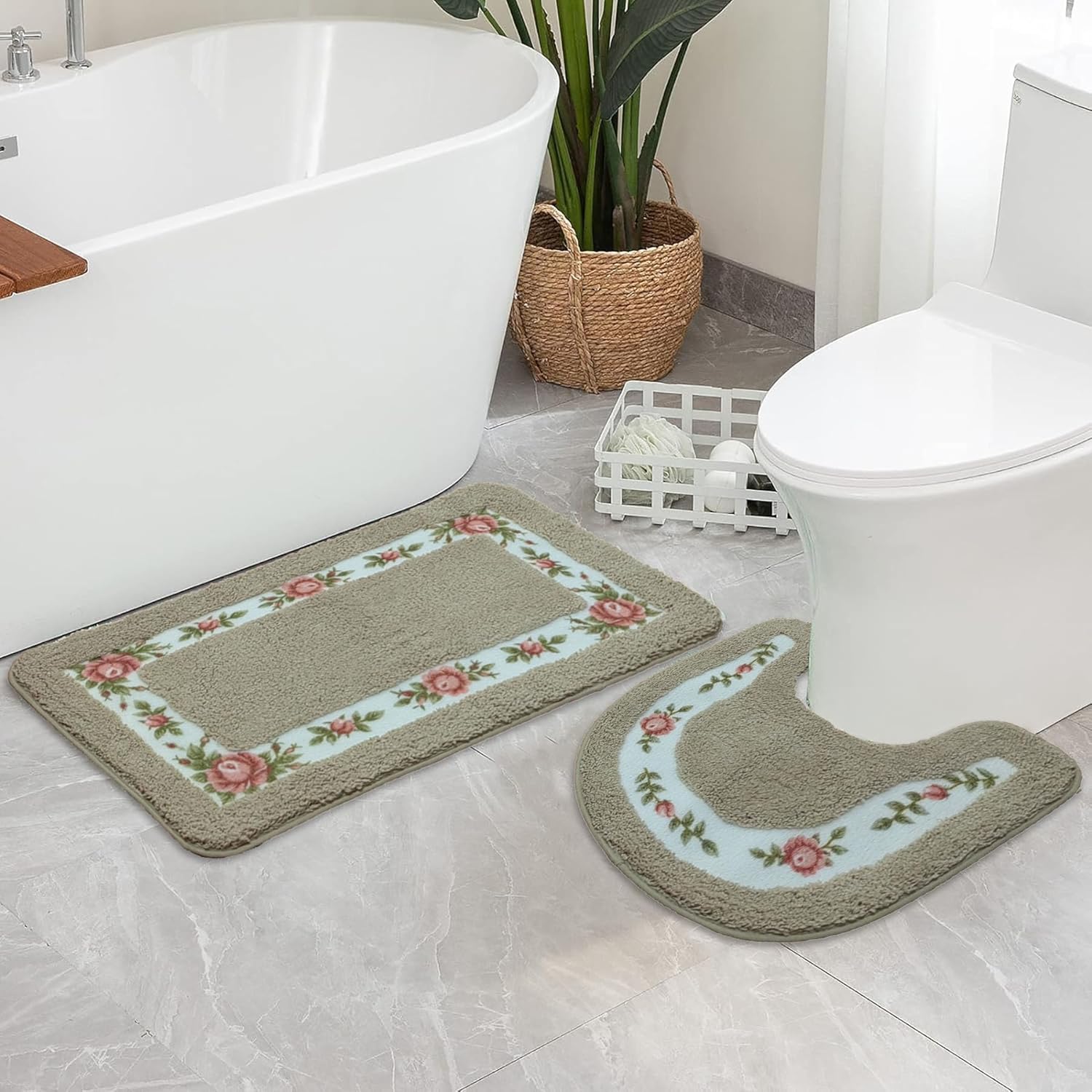 Floral Flower Rug Bathroom Rugs Sets 4 Piece, Romantic Flowers Carpets Heart Rug, Super Soft and Absorbent Non Slip Microfiber Toilet Bath Mat with U-Shaped (Brown)