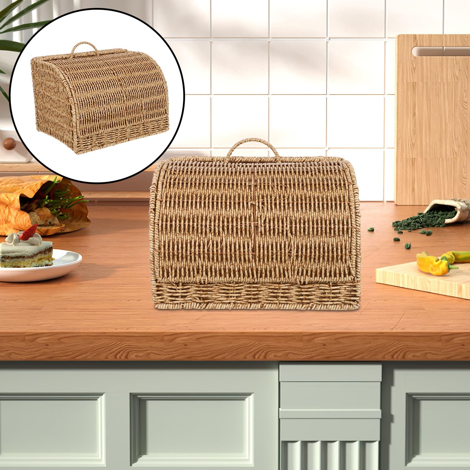 KALLORY Cestino Cucina in Finta Rattan con Coperchio 33, 5x23x19 Cm | Plastica Resistente, per Dispensa e Piano Lavoro, Adatto a Dolci e Snack, Uso Multiuso Ordinato