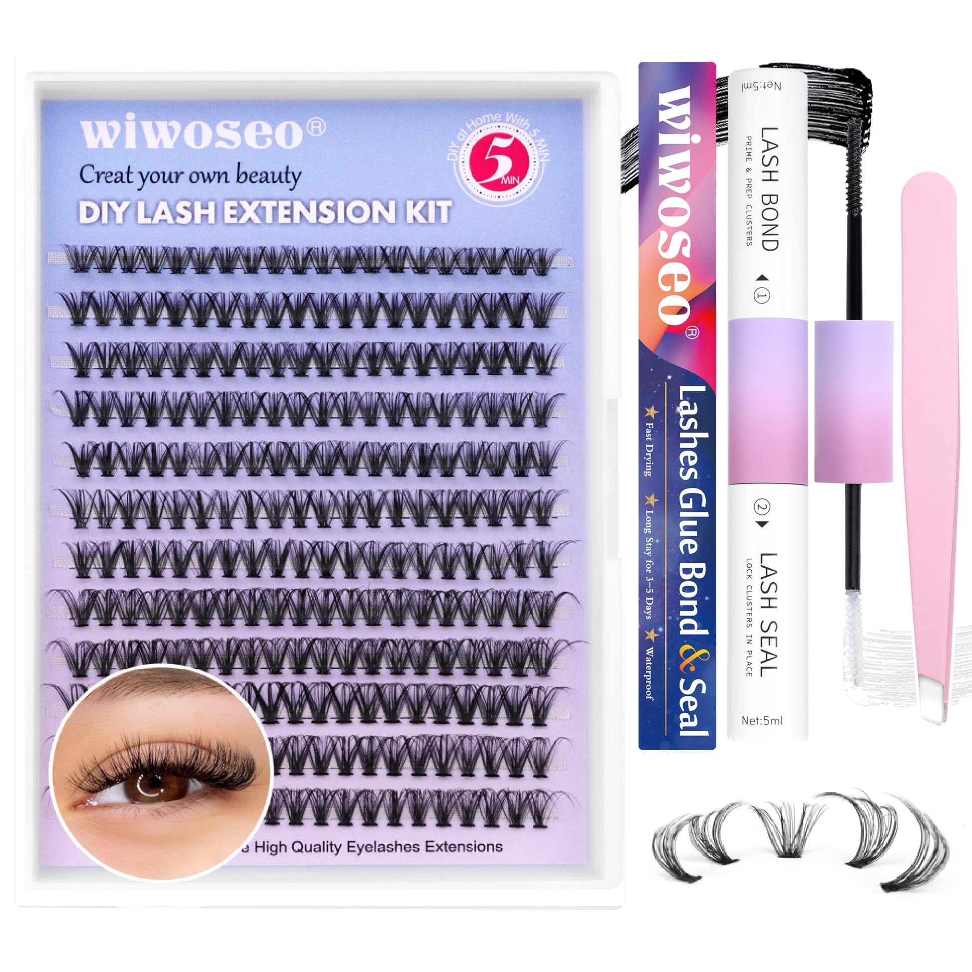wiwoseo Individual Eyelashes Cluster Lashes Kit 240pcs Lash Clusters Individual Lashes Extension Kit Natural Russian Cluster Lashes with Lash Bond and Seal Lash Glue for DIY at Home (30p, 8-16mm)