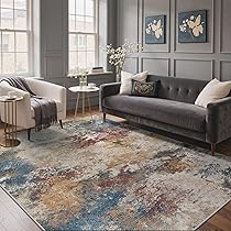 GENIMO – Tappeto Antiscivolo Moderno Astratto – 200x290cm – Corto Pile – Perfetto per Ambienti Grandi – Ideale per Soggiorno – Arancione Blu