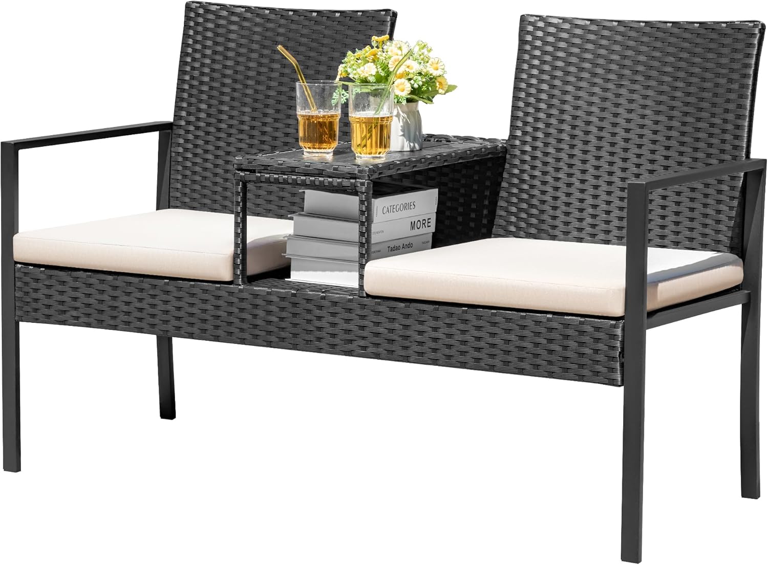 Devoko Outdoor Wicker Loveseat with Built-in Table & Cushions - Beige Patio Conversation Set for Porch, Backyard, Balcony