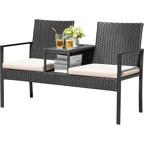 Devoko Patio Conversation Sets Outdoor Loveseat with Built-in Table & Cushions Wicker Patio Furniture Porch Chairs Bench for Lawn, Backyard, Balcony (Beige)