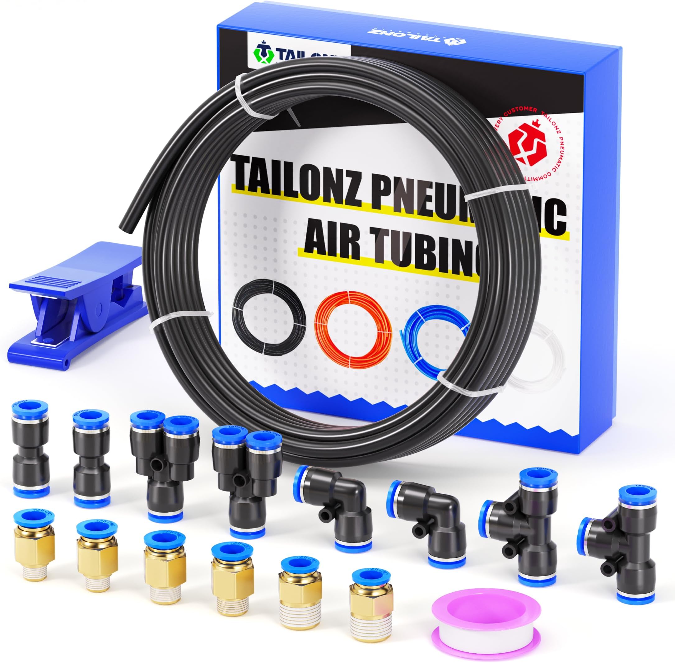 TAILONZ PNEUMATIC Black 12mm OD 8mm ID Polyurethane PU Air Hose Pipe Tube Kit 10 Meter 32.8ft