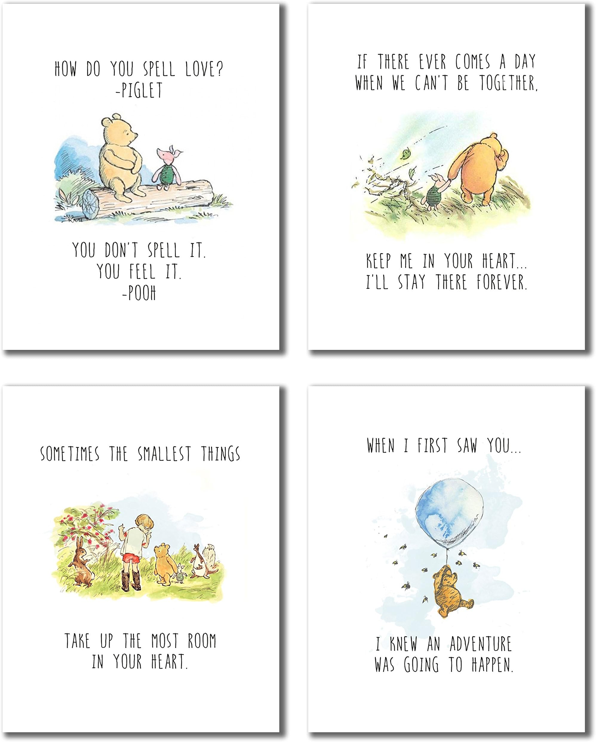 BigWig PrintsWinnie the Pooh Wall Art - Classic Winnie the Pooh Quotes, Nursery Room Decor, Kids Bedroom Decorations, Inspirational Prints for Boys and Girls - Unframed Set of 4 (8x10)