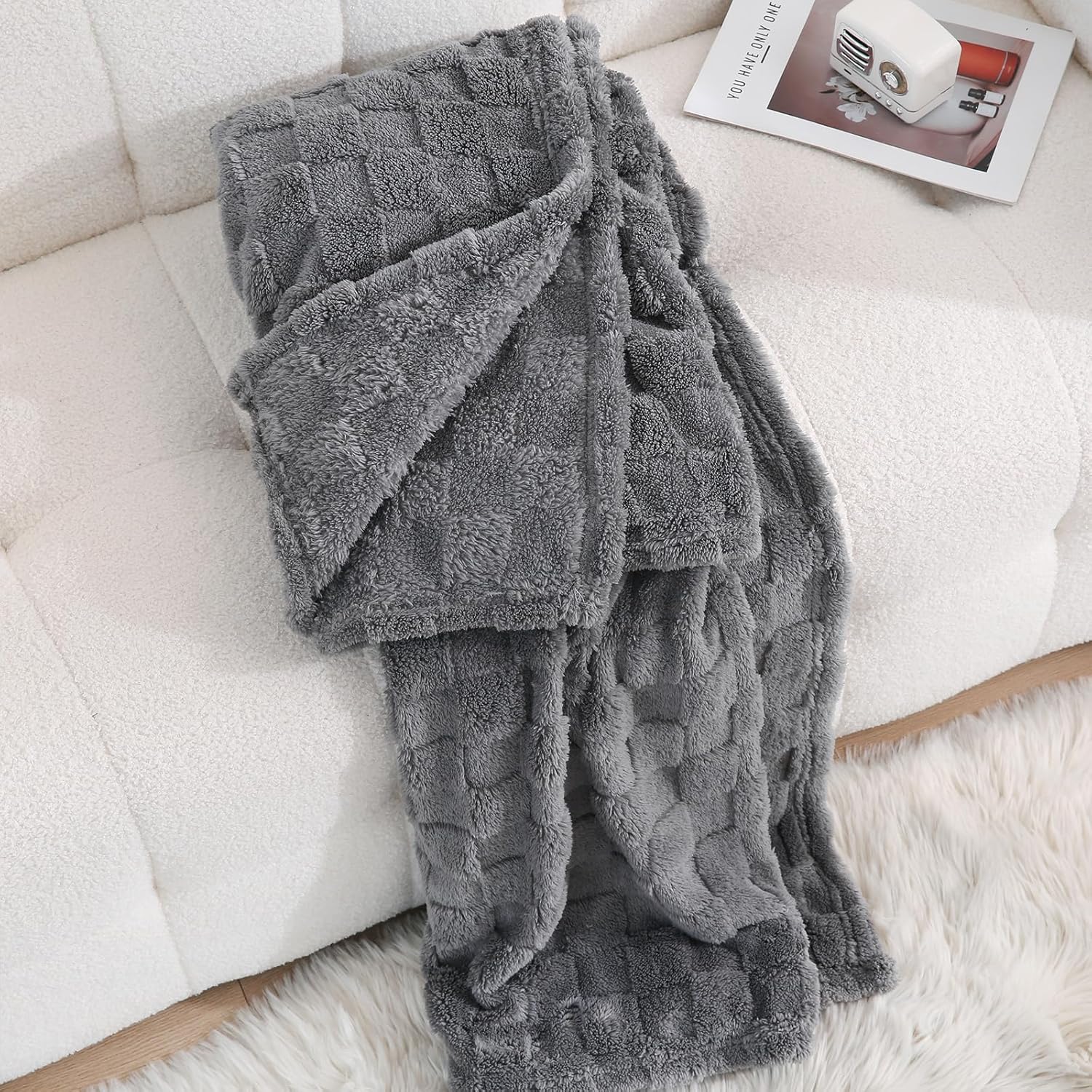 Grey Fleece Throw Blanket 50”×60” for Couch Sofa Bed,Super Soft Cozy Plush Microfiber Flannel Blanket with 3D Checkered Design Lightweight for Adults,Woman,Girls - Image 3