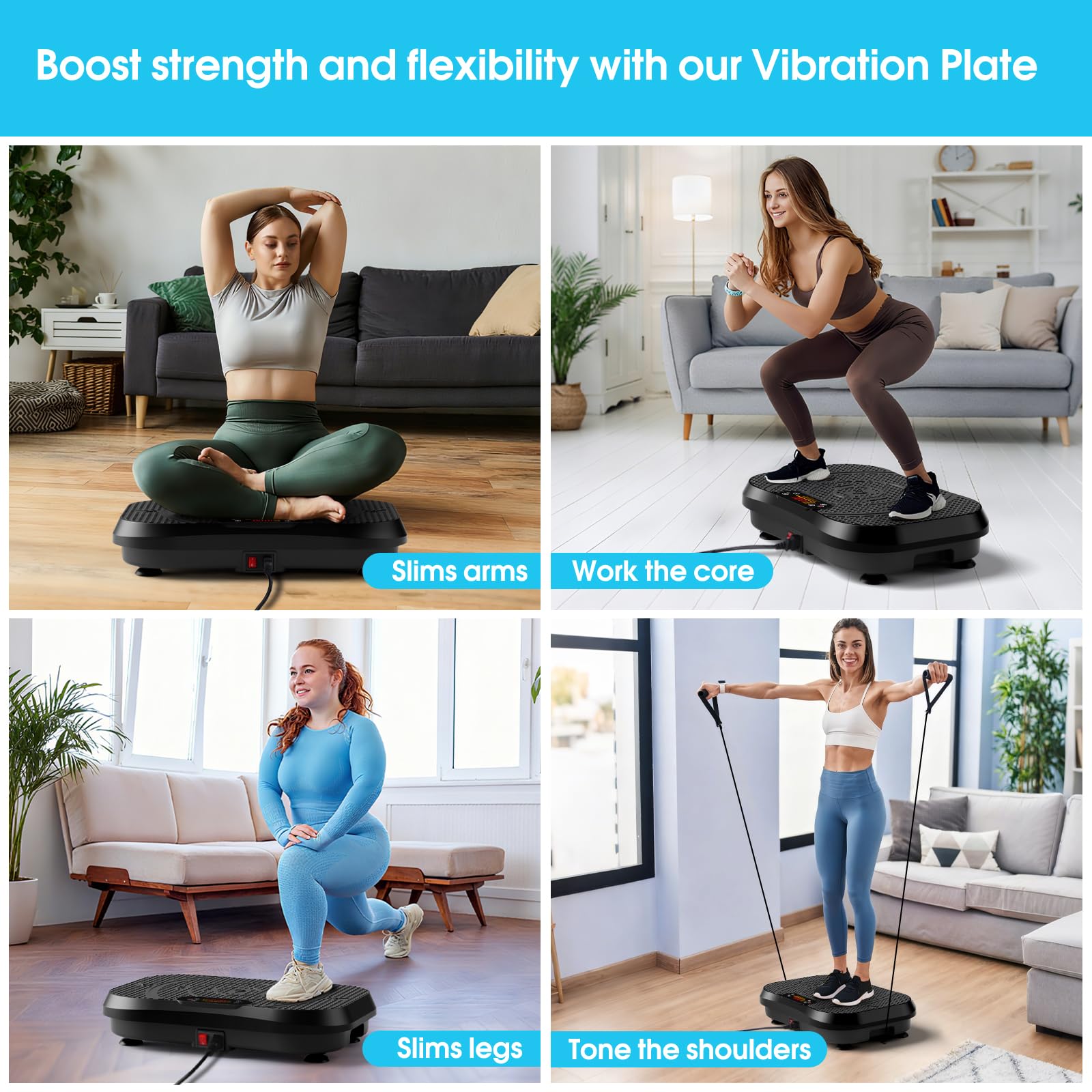 SoftGym Vibration Plate Exercise Machine for Lymphatic Drainage,Power Vibrate Stand Shake Board 450 Lbs Capacity Whole Body Workout Waver with Fitness Resistance Bands Weight Loss Gifts for Women Men