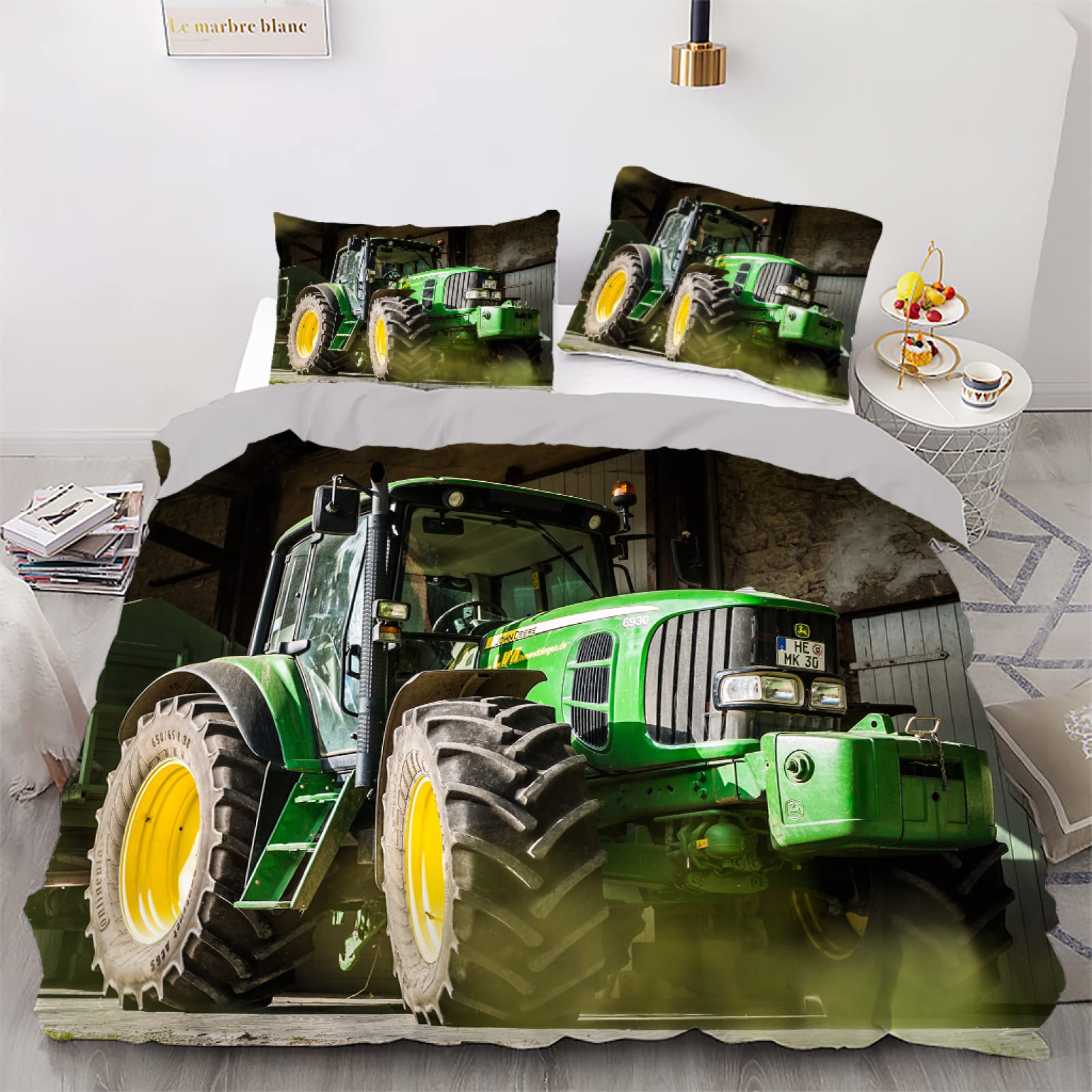 Housse de couette 240x260 tracteur vert parure de lit microfibre 110g/㎡ avec taies
