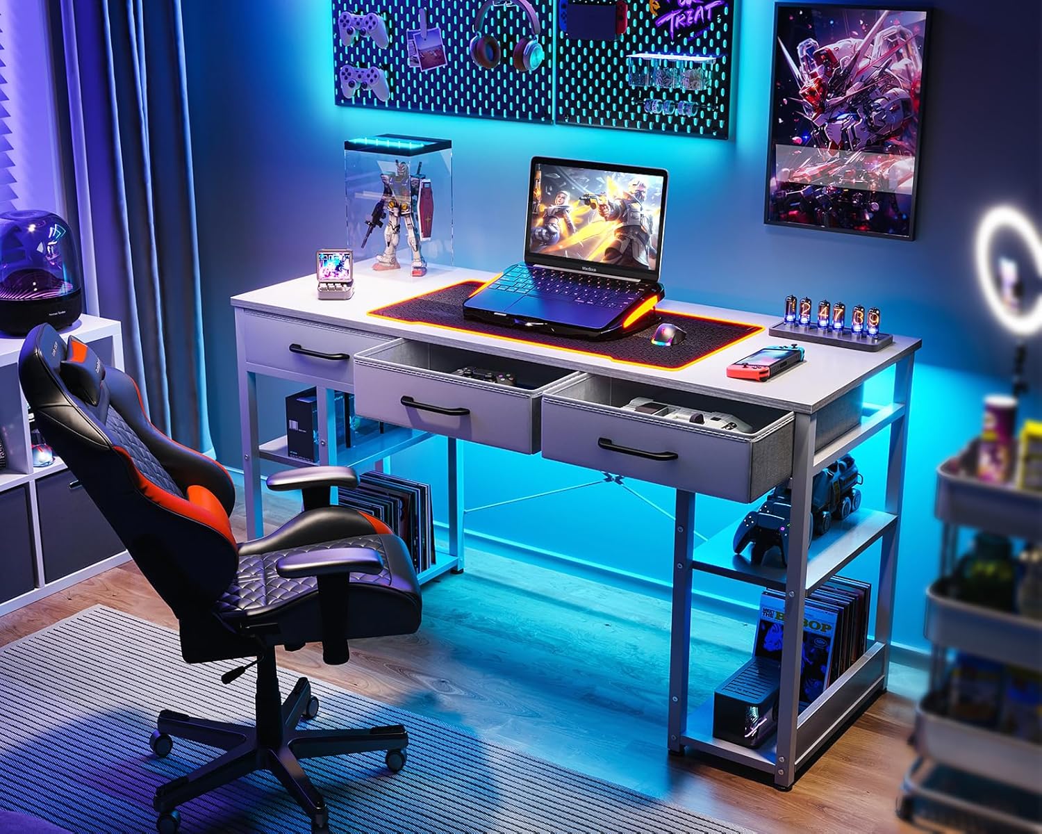 ODK ゲーミングデスク 引き出し3杯付き パソコンデスク コンセント付き