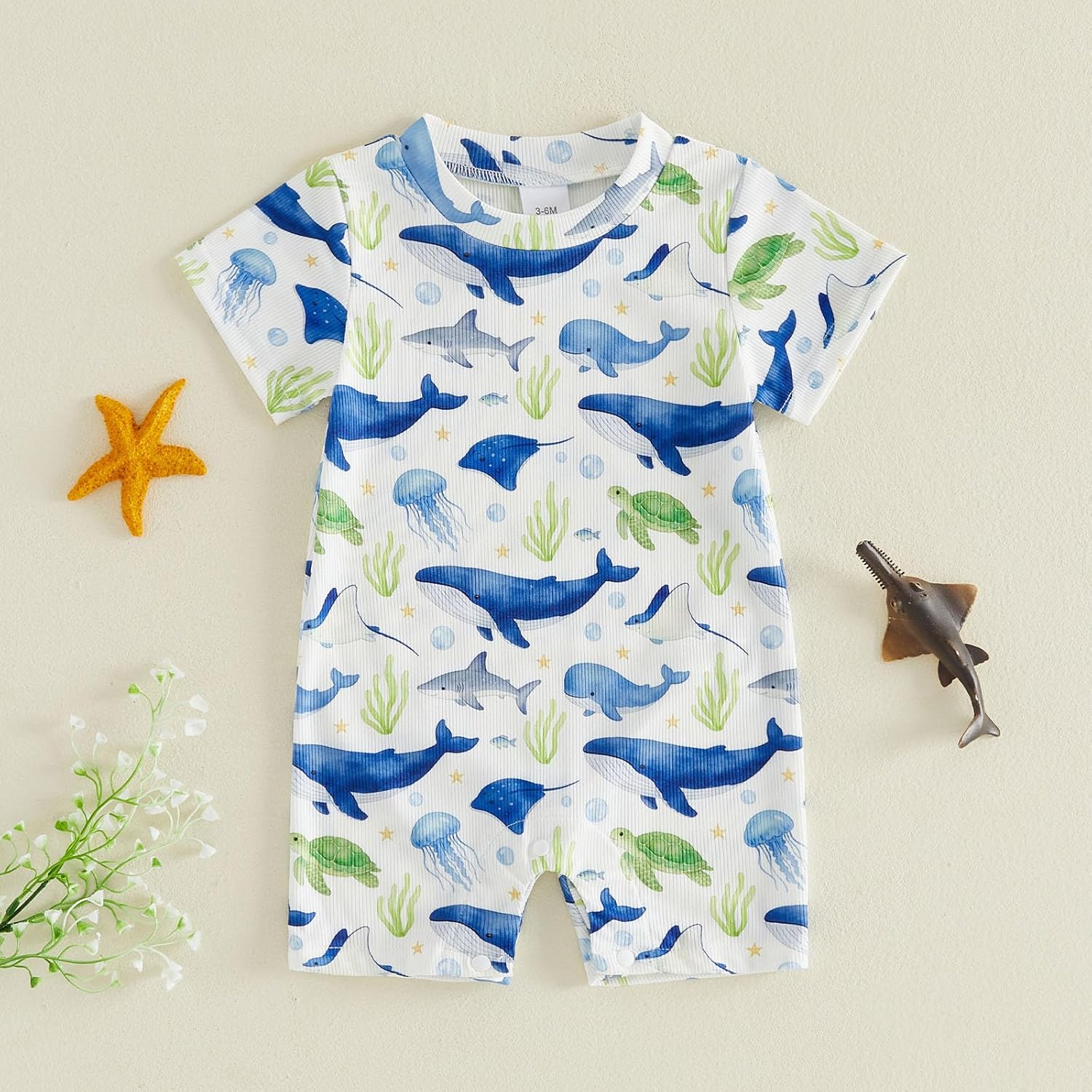 Summer Baby Clothes Boy Sailboat/Shark Print Short Sleeve Romper Bodysuit Ribbed One Piece Jumpsuit Vacation Outfit