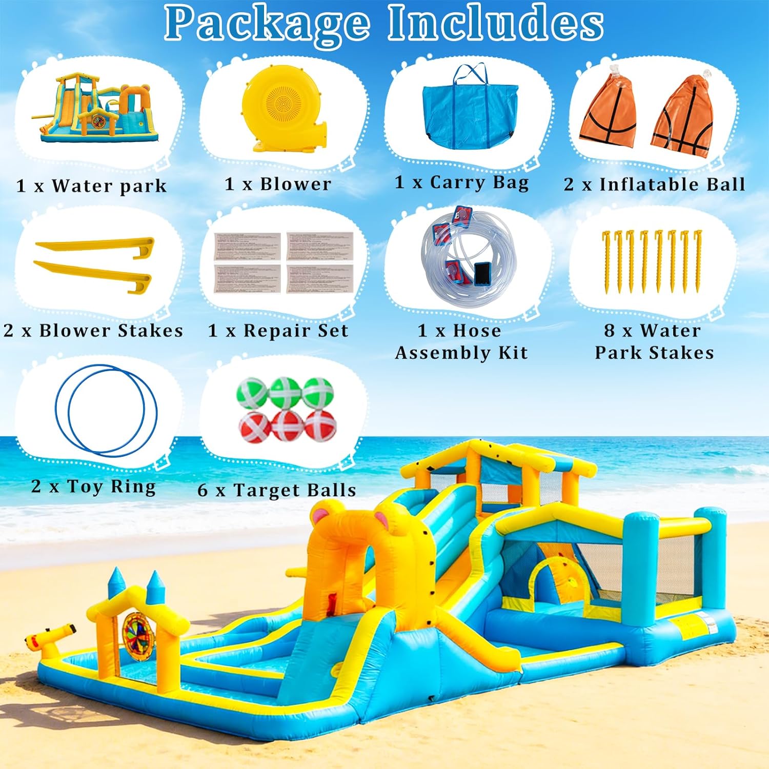 19.2FT Giant Inflatable Water Dual Slide for Kids Backyard,Blow Up Bounce House Water Park with 650W Blower,2 Slides,Climbing Wall,2 Splash Pool,Basketball Hoop,Dartboard Game,Water Cannon