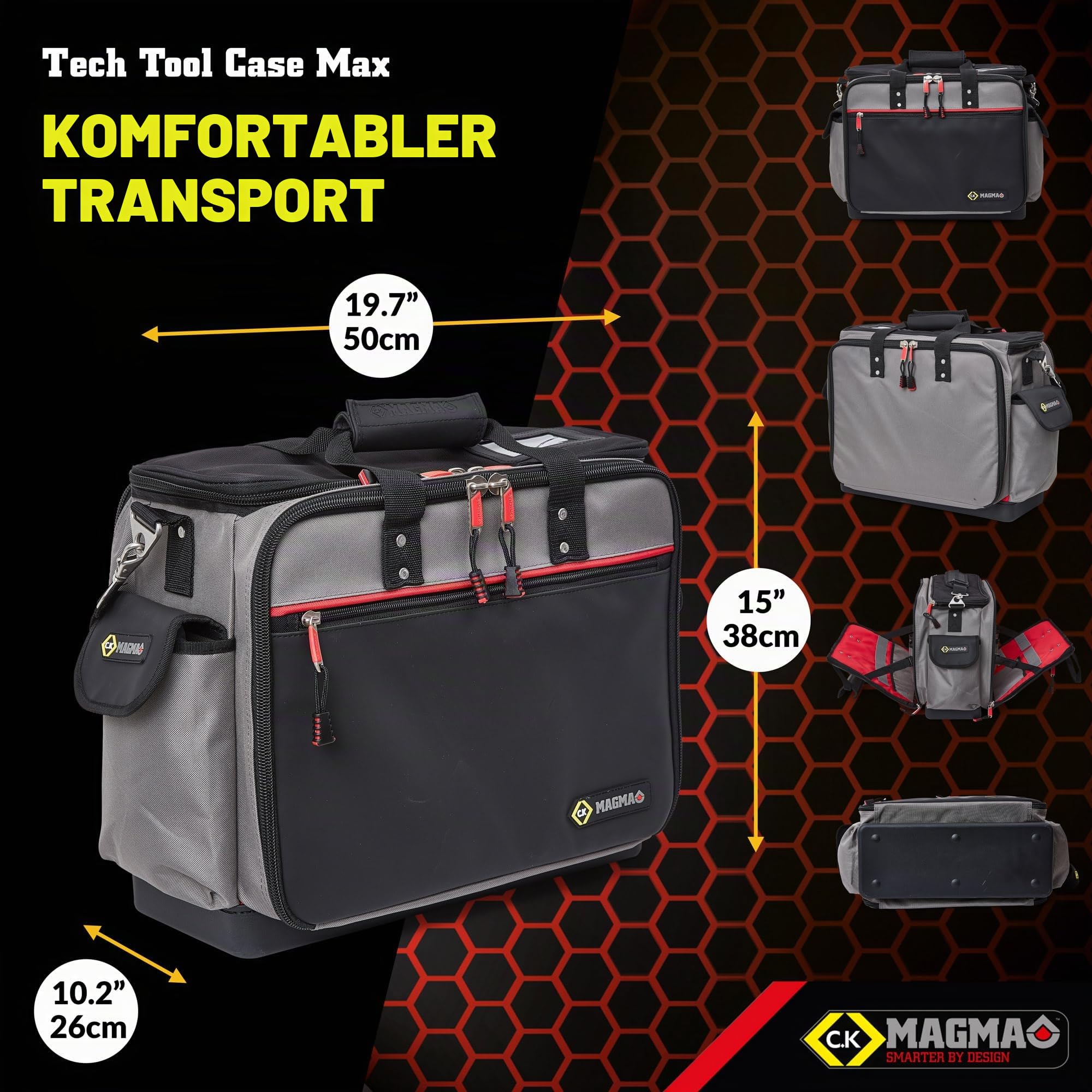 C.K Magma Werkzeugtasche Tech Tool Case Max, 50 Fächer, Laptopfach, extra breites Hauptfach, wasserdichter Gummiboden, robuste Werkzeug Aufbewahrung für Elektriker, Techniker und Handwerker, CK MA2639