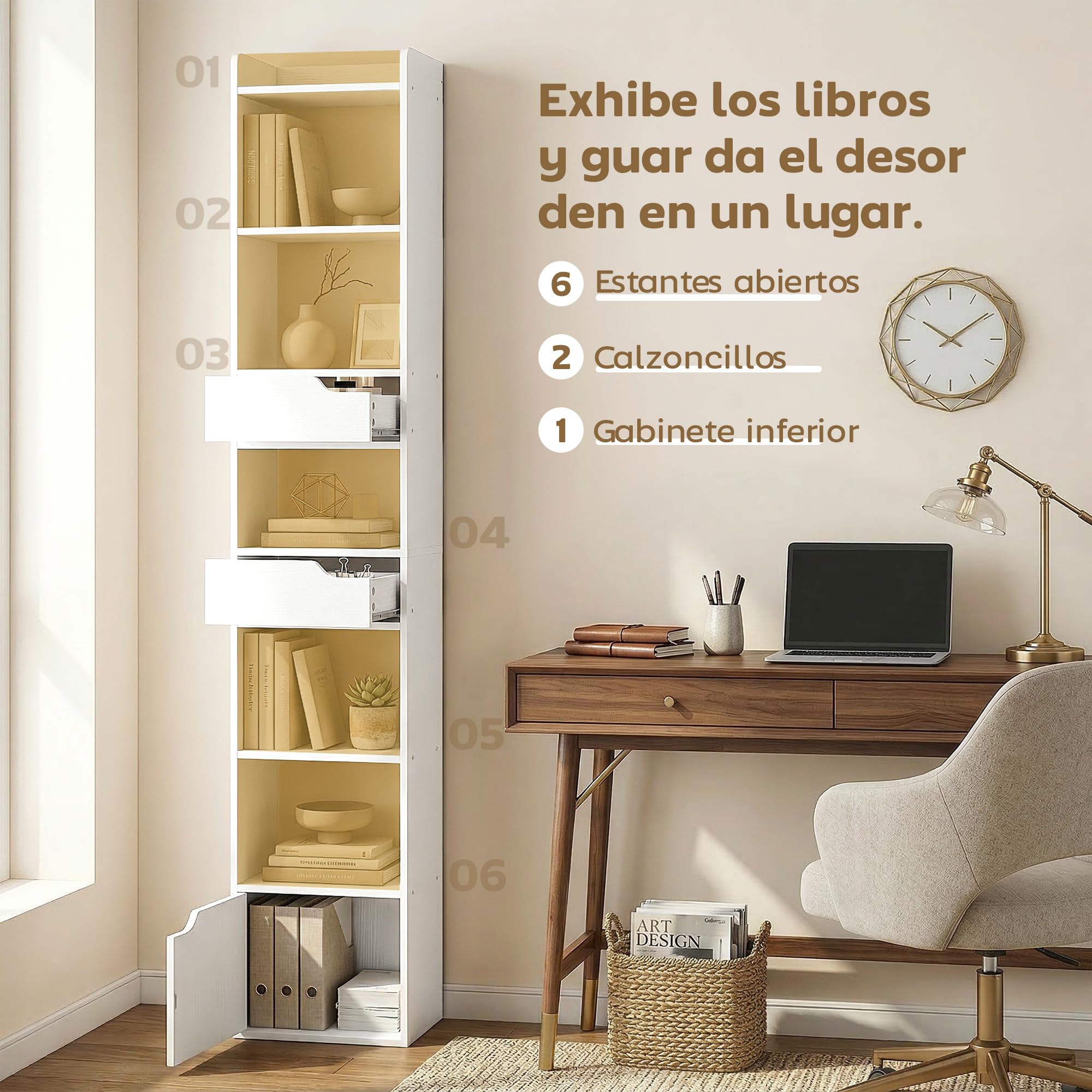 HOMCOM Estantería para Libros con 2 Cajones y Puerta 32x24x181,5 cm Blanco | Librería Estrecha, 6 Estantes Abiertos, Armario Alto, Salón, Estudio, Oficina