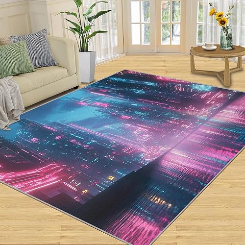 Cyberpunk City Rugs for Bedroom, City Area Rug, Cyberpunk Rugs for Living Room, Indoor Non-Slip Rug, Machine Washable Carpet for Front Entrance