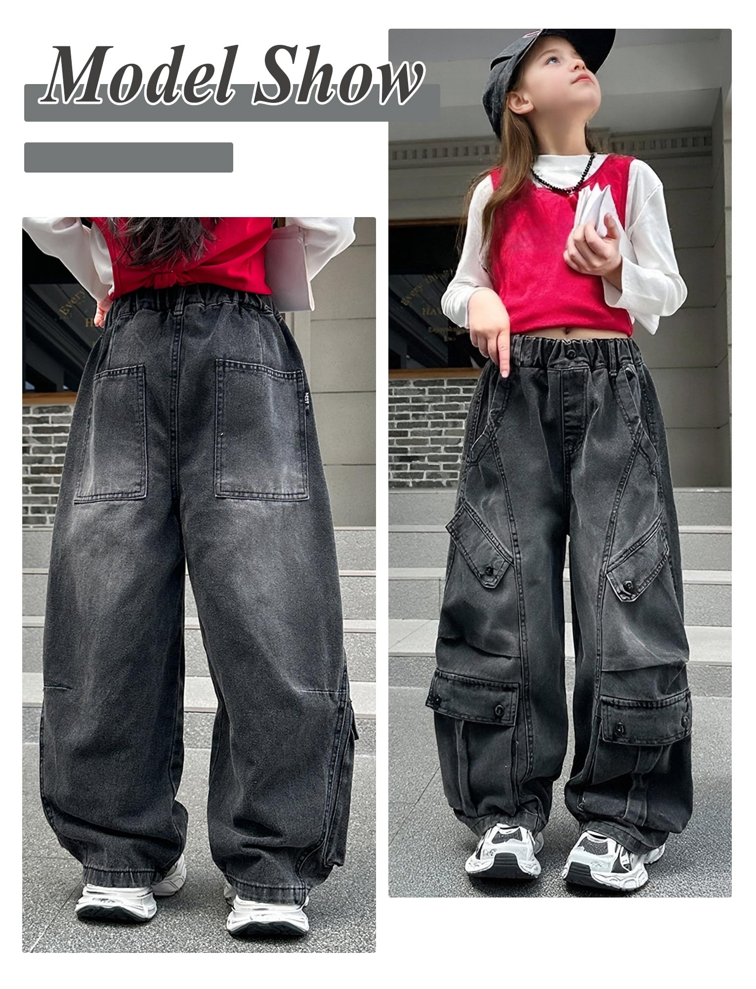 Maeau Jeans Jambes Larges pour Fille, Camo Pantalon Droit Taille Élastique, Jeans Cargo de Jazz Danse Décontracté Ample, Printemps Automne, Taille 120-170/5-14 Ans