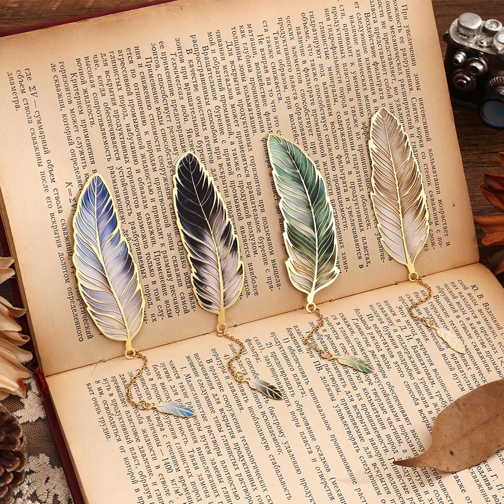 icceemee 4pcs Metal Feather Bookmarks with Bookmarks for Women, Writers, Readers Durable Book Markers Book Accessories Unique Gifts for Men, Women