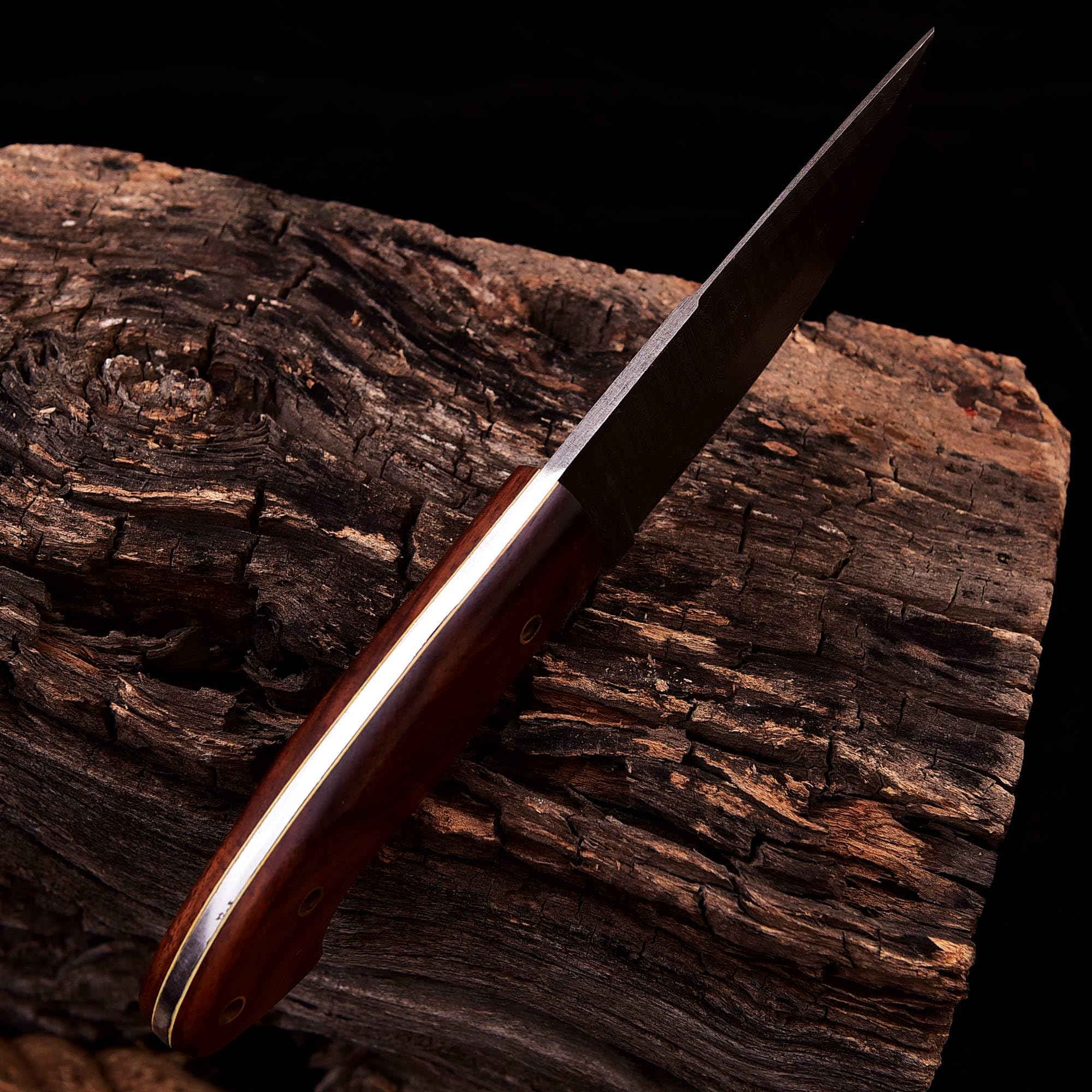 Damast Jagdmesser schöne Klingenmaserung Damast Stahl mit Lederhülle MAQ1302