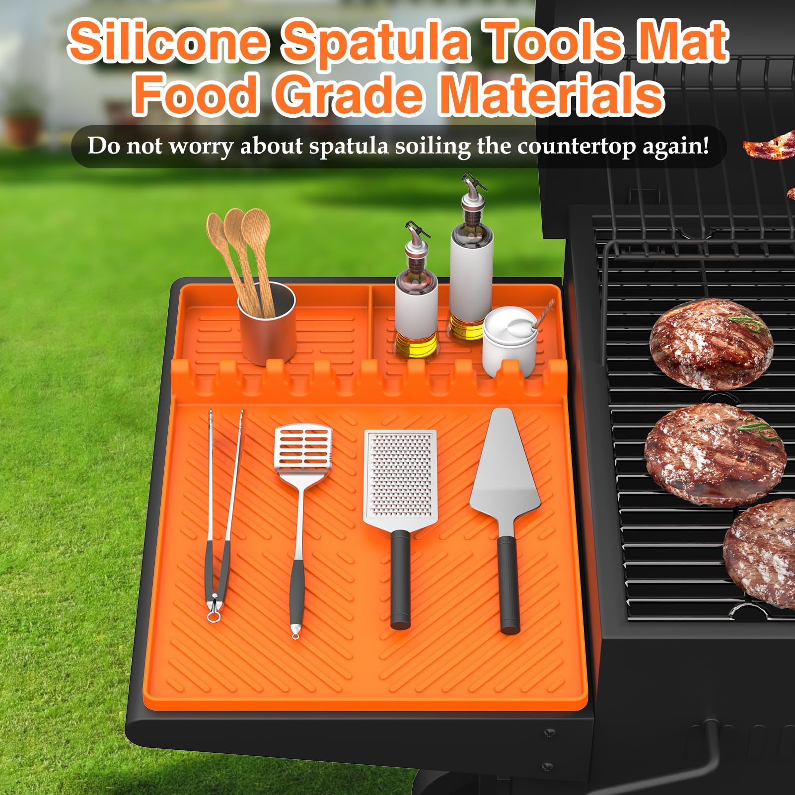 Silicone Griddle Tools Mat for Blackstone, Griddle Accessories Side Shelf Mat Grill Pad for Outdoor Grill Kitchen Counter Spatula Silicone Mat with Drip Pad Counter (Orange) - 3