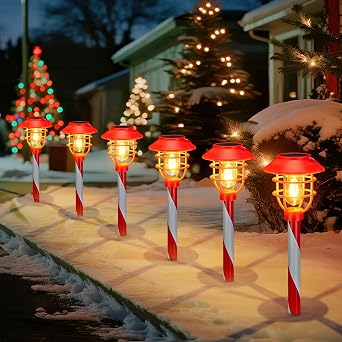 6pc Solar Christmas Pathway Lights,Candy Cane Christmas Decorations Outdoor