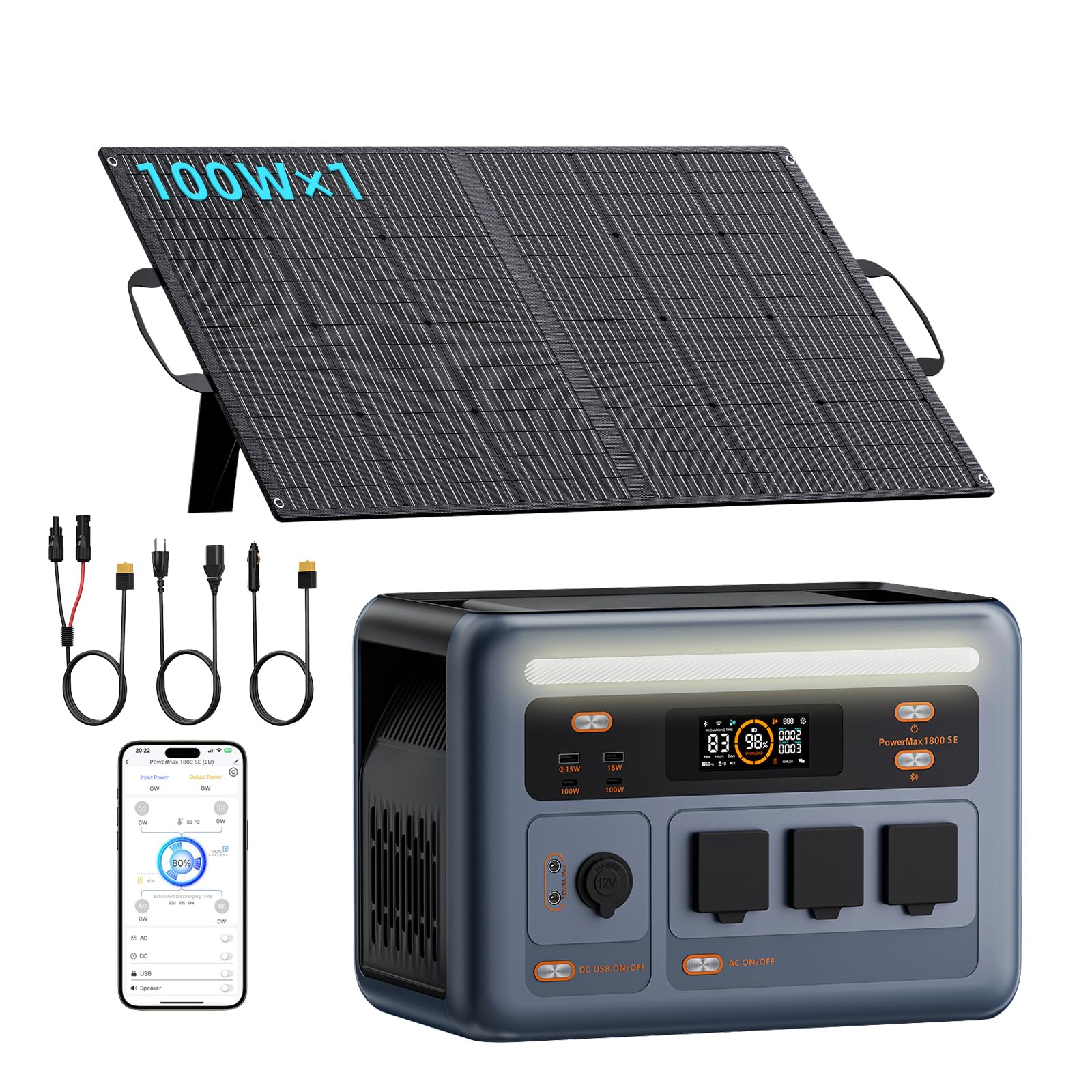 OSCAL PowerMax 1800SE Stazione Elettrica Portatile 1800W (3600W di Picco), Batteria 1024Wh LiFePO4 Generatore Solare con 1 * 100W Pannello, App, Di Alimentazione per Campeggio, Camper e Domestico