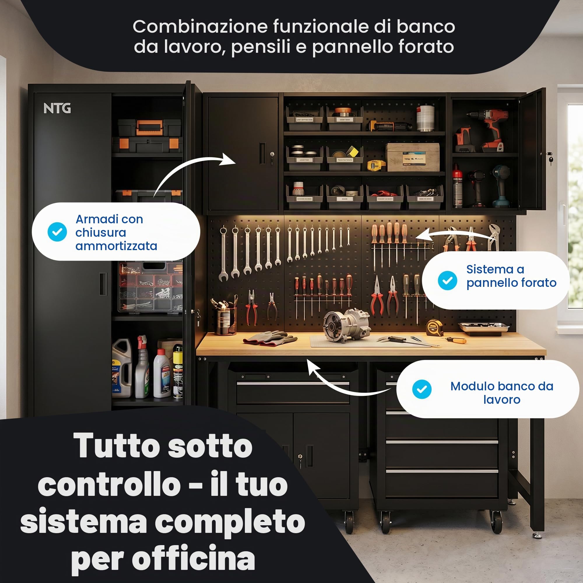 Set completo NTG XL per parete da officina 210 cm – Banco da lavoro con elementi a carrello e parete forata – Arredamento modulare per officina con armadietti portautensili