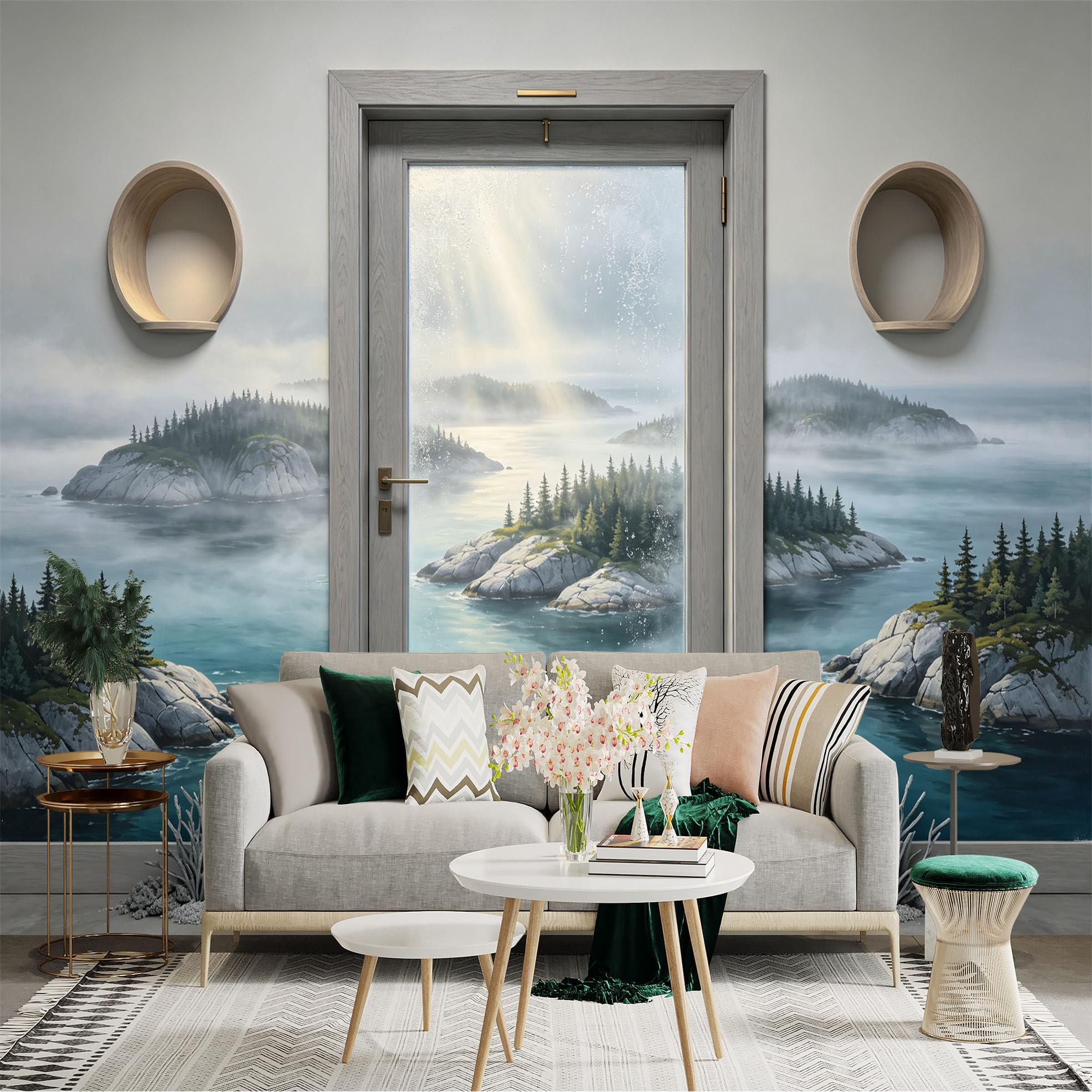 Custom Size Wall Sticker Mural， Misty Coastal Islands， Ocean View， Pine Forest Landscape， Serene Seascape， for wall Decoration， peelandstick wall Decals.