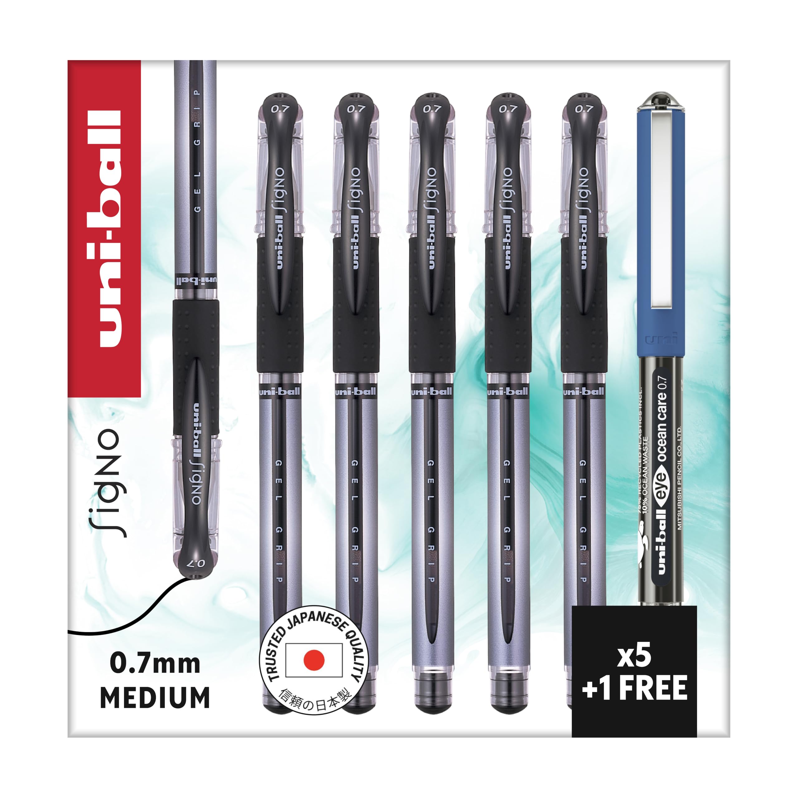 uni-ball Signo Gel Rollerball Pens, 0.7 mm, Black (5-Pack + 1 Free Eye)