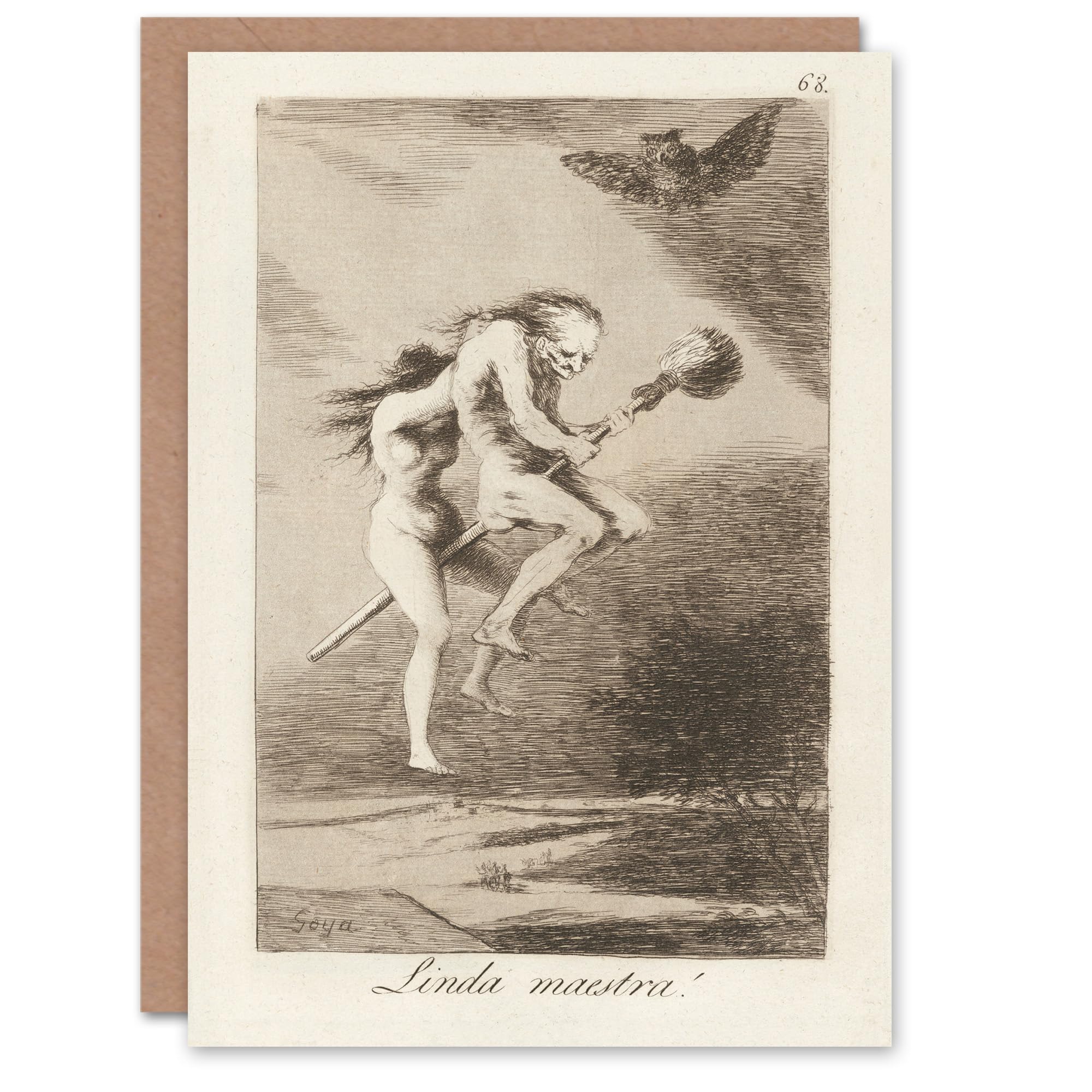 Artery8 Greeting Card - Francisco Goya Art - Witches on Broomstick - Grey