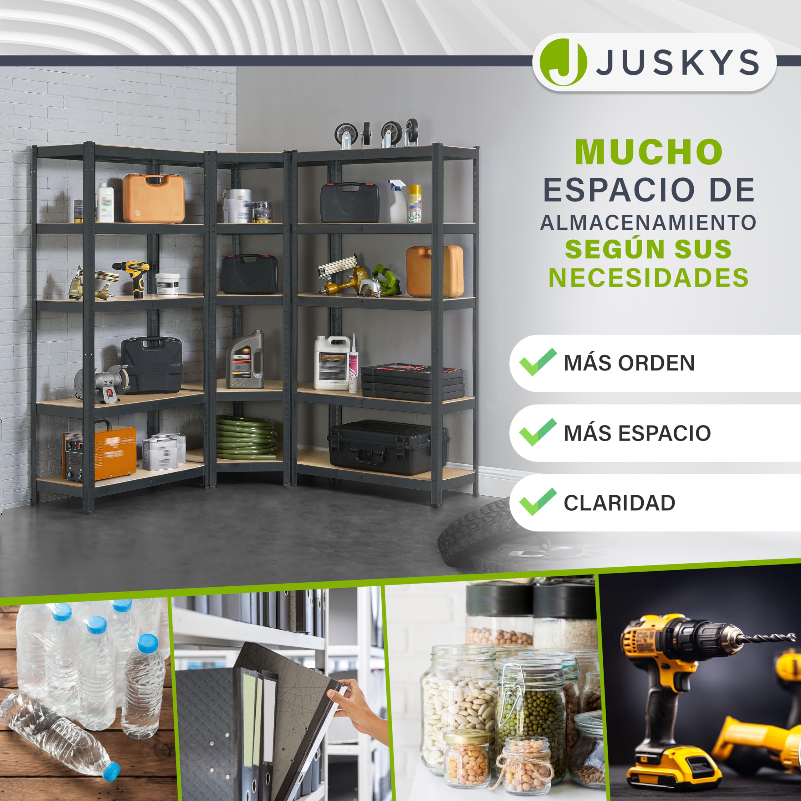 Juskys Juego de 3 estanterías metálicas Easy | 1 estantería esquinera y 2 estanterías de Almacenamiento | 15 estantes de Madera MDF | 2625 kg | Estantería para Cargas Pesadas en Color Gris