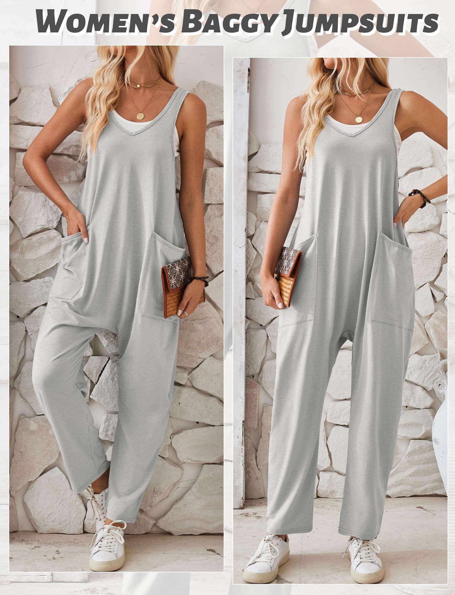 Maeau - Peto para Mujer de Punto Casual con 2 Grandes Bolsillos Mono Pantalón Ancha Peto Jumpsuit Holgado sin Mangas Mono Largo Pantalones S-XXL