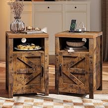 oneinmil Bedside Table with Charging Station, Farmhouse Sofa Side Table Set of 2 with Storage Cabinet, Bed Side End Table with USB, Nightstand with Door for Bedroom, for Bedroom, Living Room, Brown