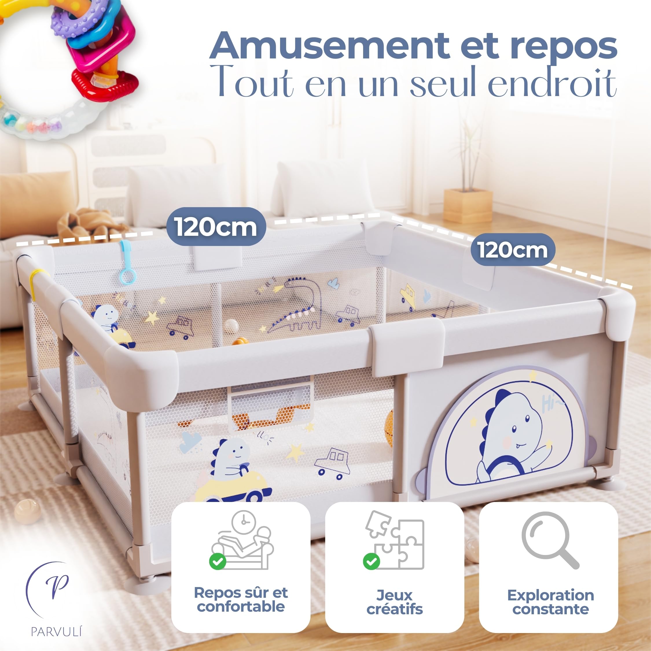 PARVULI Parc Bebe 120x120 cm - Enclos pour Bébé avec 6 Poignées et Tapis de Jeu Rembourré - Parc pour Bebe Pliable pour la Maison avec Maille Respirante et Barrières Protégées