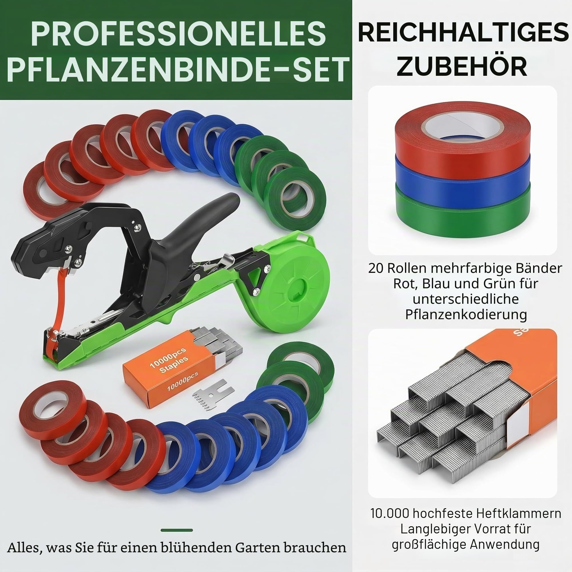 Bindezange für Pflanzen Pflanzenbindemaschine Bindezange Pflanzen Tapetool Handbindemaschine mit 10000 Stück Nägel und 20 Rollen gartenband Bindezange pflanzenbinder für Obst, Himbeeren,Bäume Gemüse