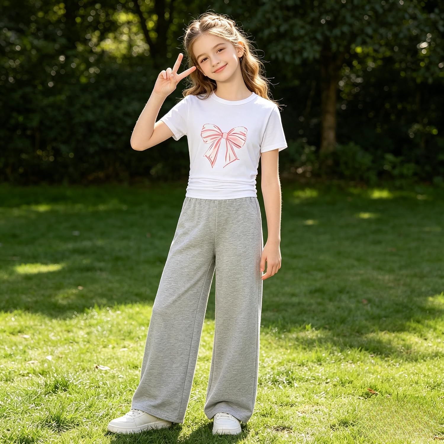 Tween Girls Pink Bow Graphic Short Sleeve T-Shirt Top+Wide Leg Pants 2 Piece Outfit Set Size 9-15Years