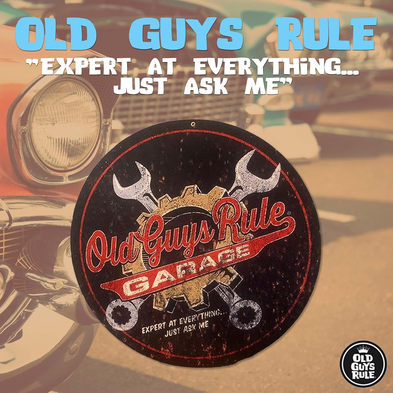 Old Guys Rule Vintage Metal Tin Sign, Wrenches - Gift for Dad, Grandpa, Husband, Father's Day, Birthday - Funny Retro Novelty Wall Decor for Man Cave, Garage, Workshop, Auto Mechanic (14x14 Round)