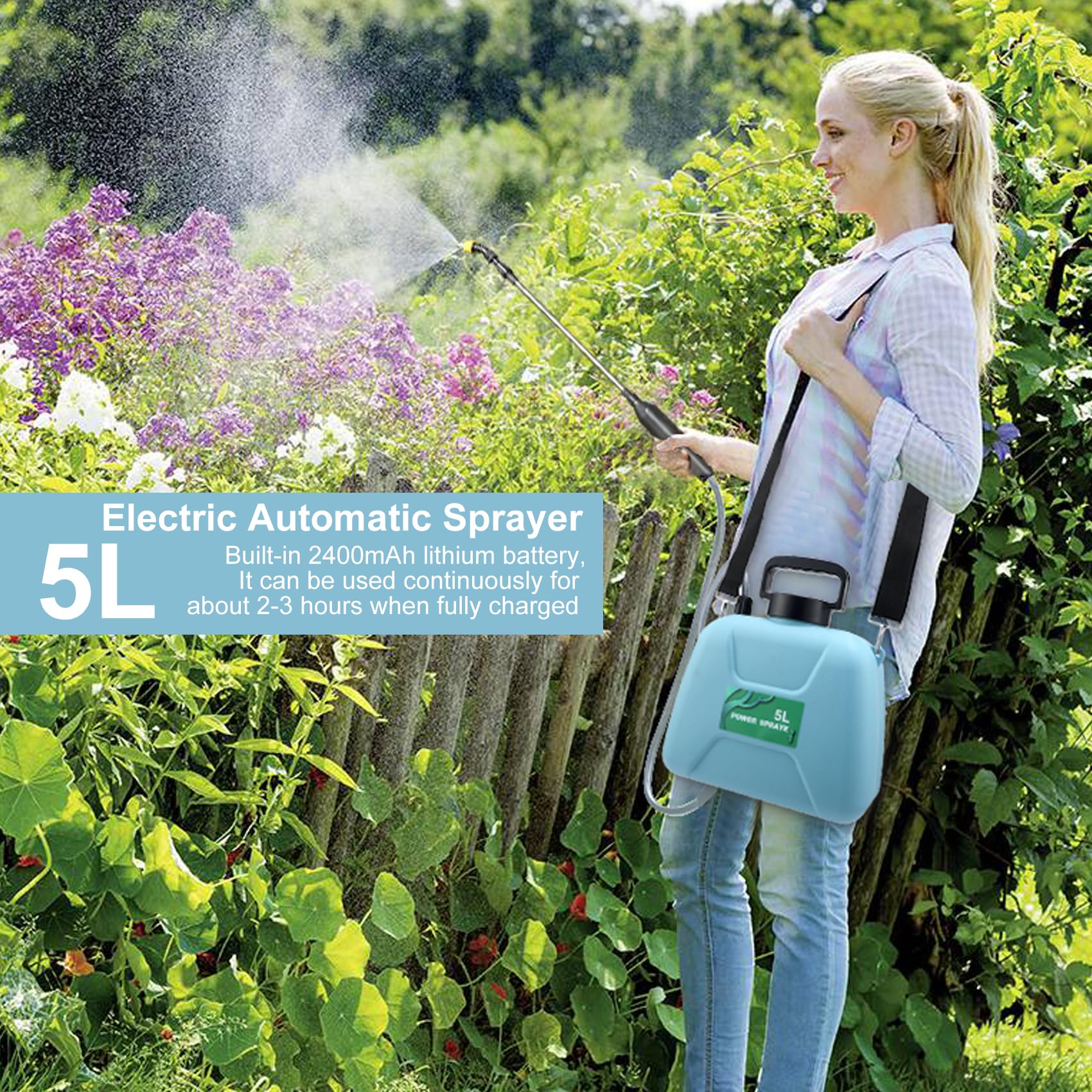 VTWTV Battery Powered Sprayer 1.35Gallon/5L, Electric Sprayer with 3 Mist Nozzles,USB Rechargeable Handle and Retractable Wand, Garden Sprayer with Adjustable Shoulder Strap for Lawn,Garden,Cleaning