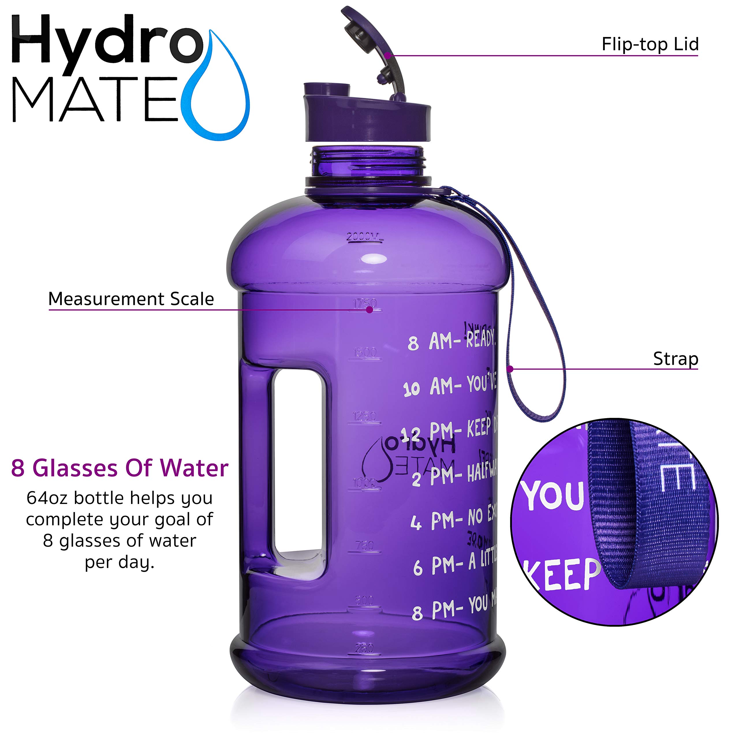 HydroMATE Half Gallon Water Bottle with Time Marker Large Reusable