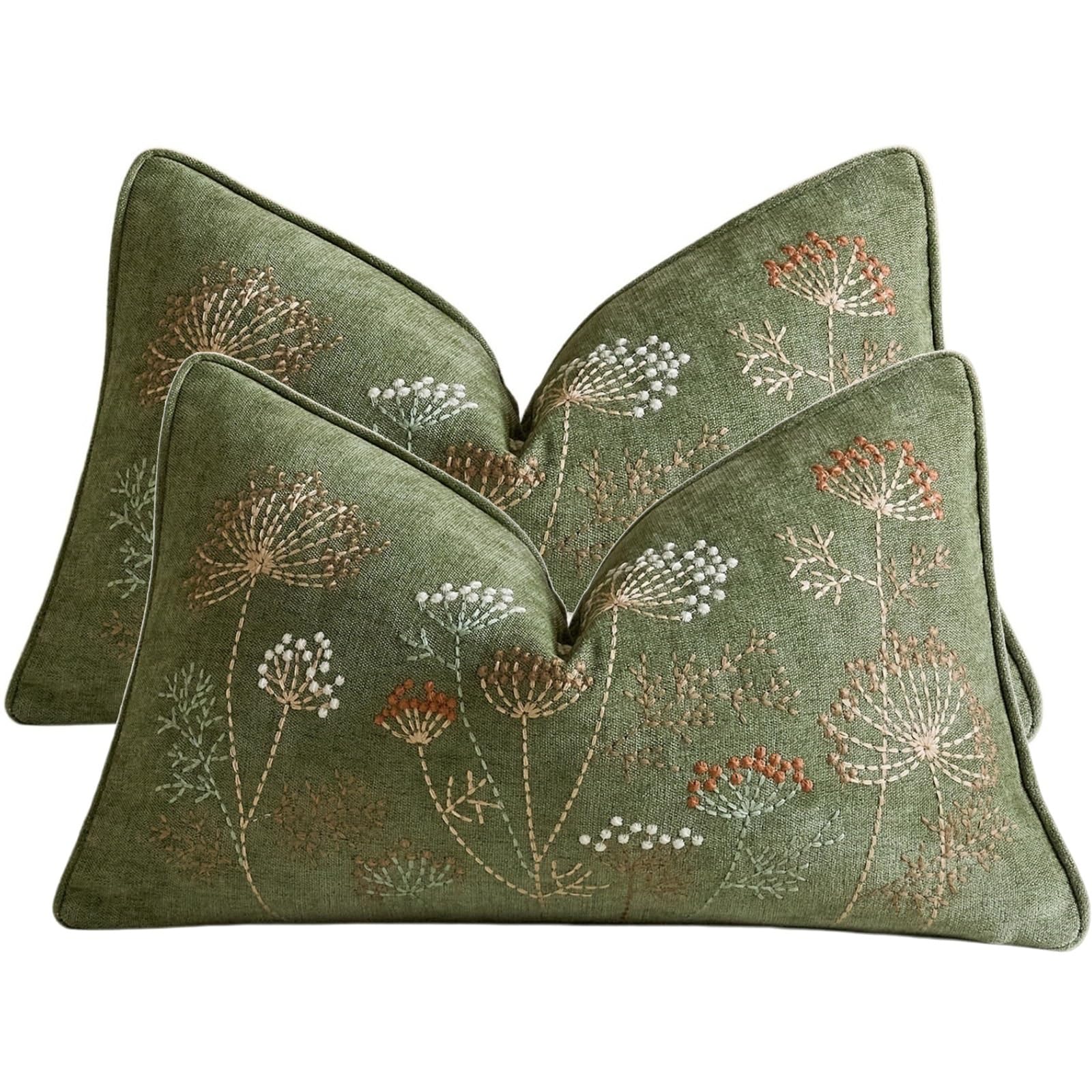 Throw Pillow Covers Set Of 2, Canvas Floral Embroidery Sofa Cushion Covers 45x45cm 30x50cm Washable Hidden Zipper Couch Pillow Covers For Living Room Bedroom Car(Green,30x50 cm)