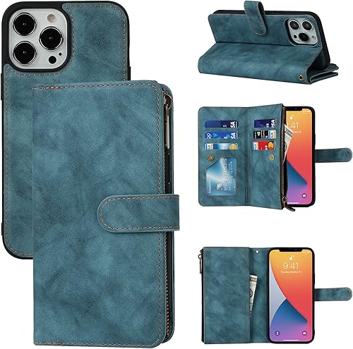 SailorTech Funda tipo cartera para iPhone 13 Pro Max, funda de cuero genuino de grano de litchi de lujo con tarjetero y correa para muñeca, funda